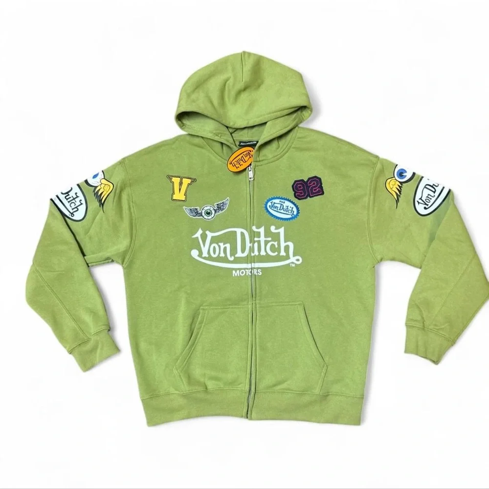 NWT Von Dutch Green Logo Jacket With Hood & Patches. Size M